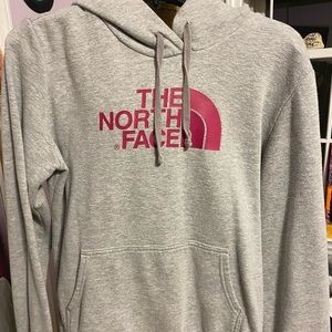 Gray and pink north face hoodie